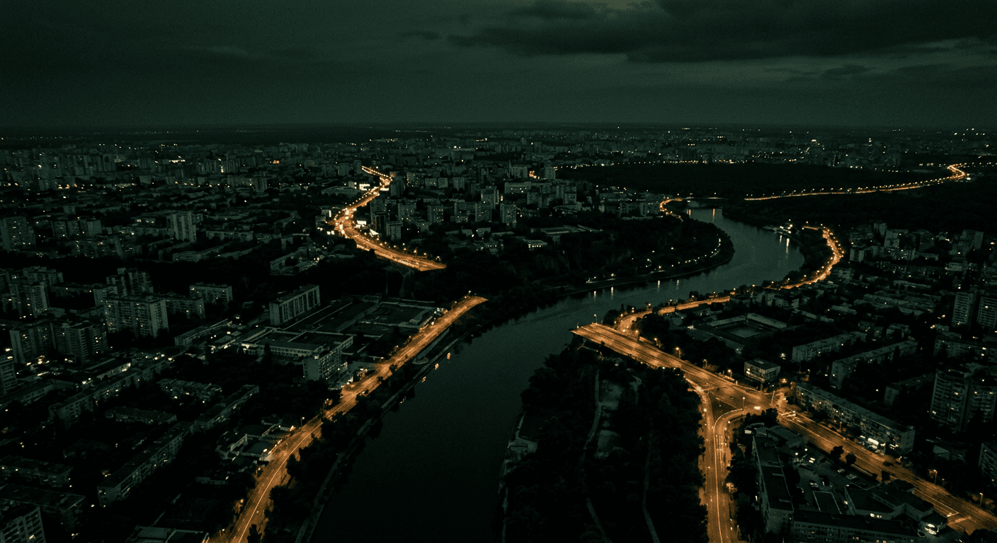 Ciudad nocturna con caminos iluminados pero desconectados
